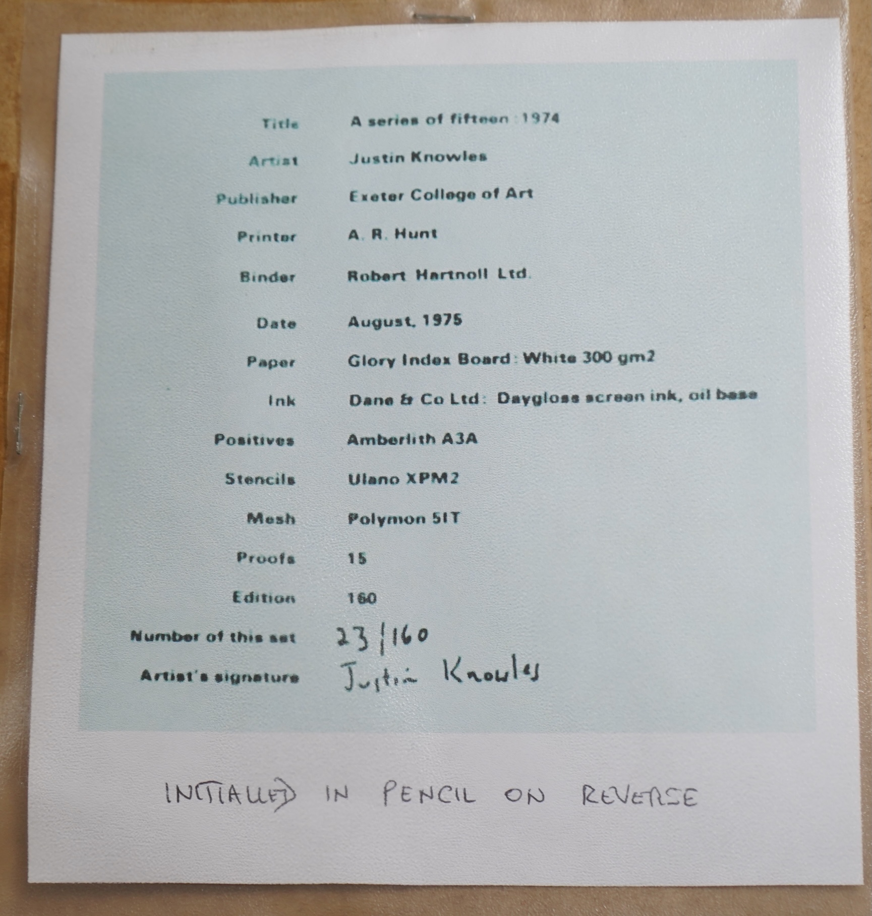 Justin Knowles (1935-2004), a set of fourteen abstract screen prints from ‘A Series of Fifteen: 1974’, each now framed, with original folio booklet, signed in ink and limited edition 23/160, each work initialled verso, 2